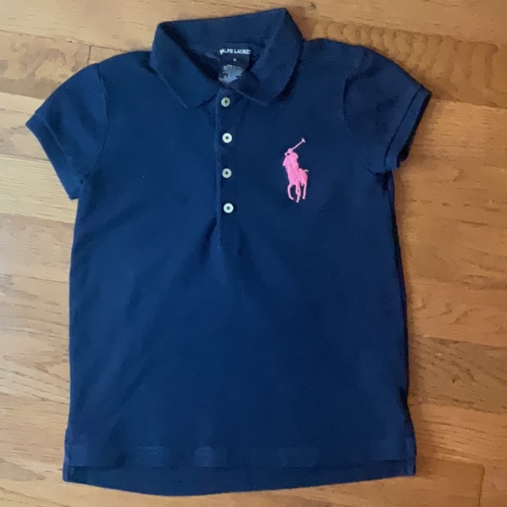 Ralph Lauren Girl’s Polo in Navy with Pink Big Pony Logo